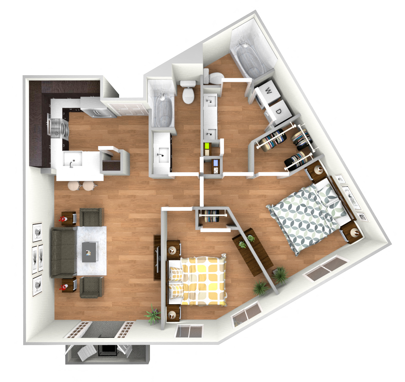 Floor plan for 2 beds, 2 baths, 1018 sqft
